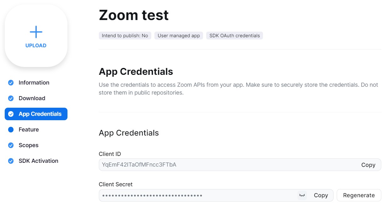 Copying the Zoom app credentials.