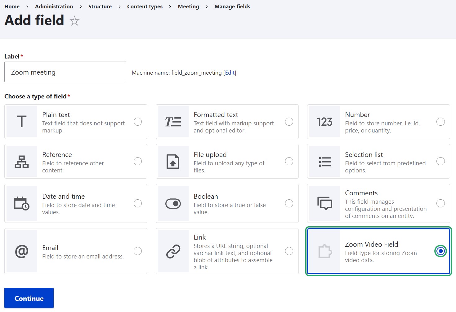 Creating a field of Zoom Video type.