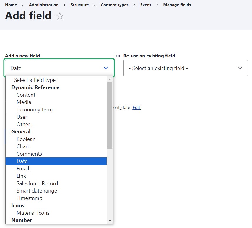 The dropdown for selecting a field type when adding a new field in the old UI.
