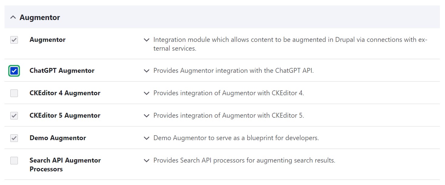 An example of enabling a related augmentor module a for specific AI service.