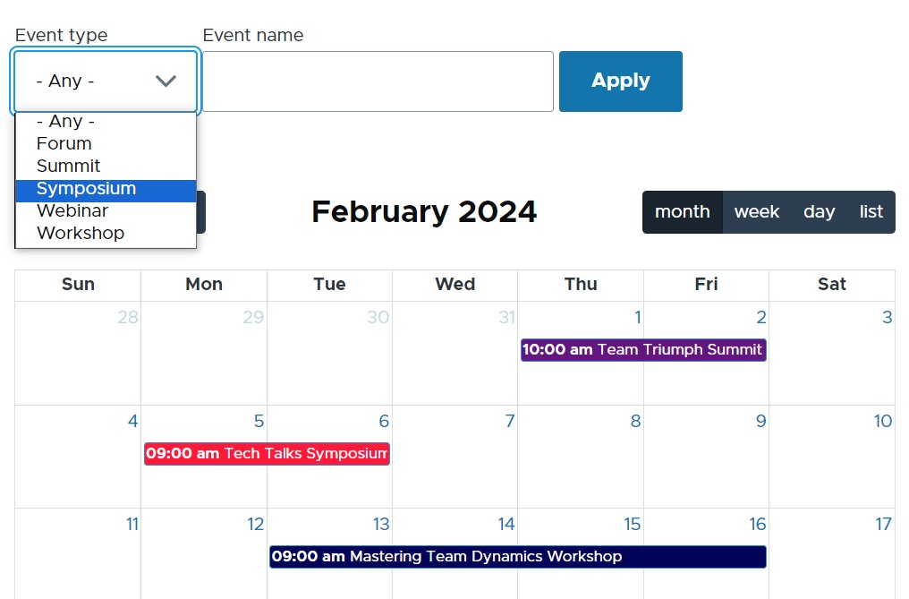 Exposed filters in a calendar view.