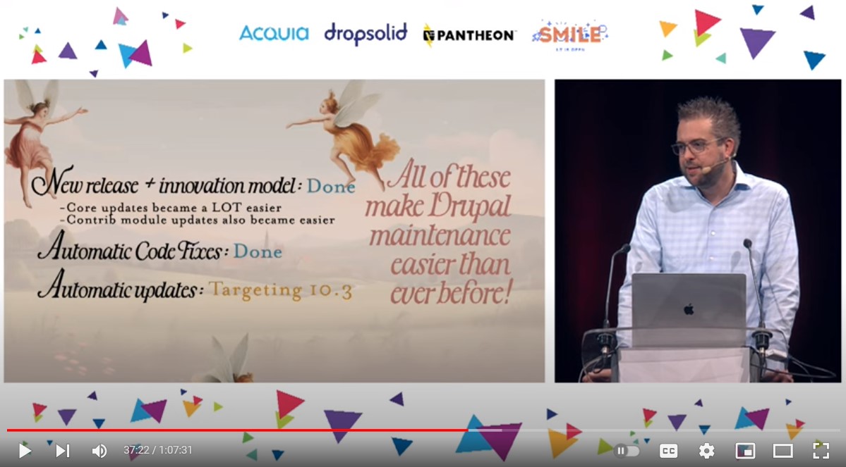 Drupal features to reduce the manual upkeep and maintenance presented at DrupalCon Lille 2023’s Driesnote