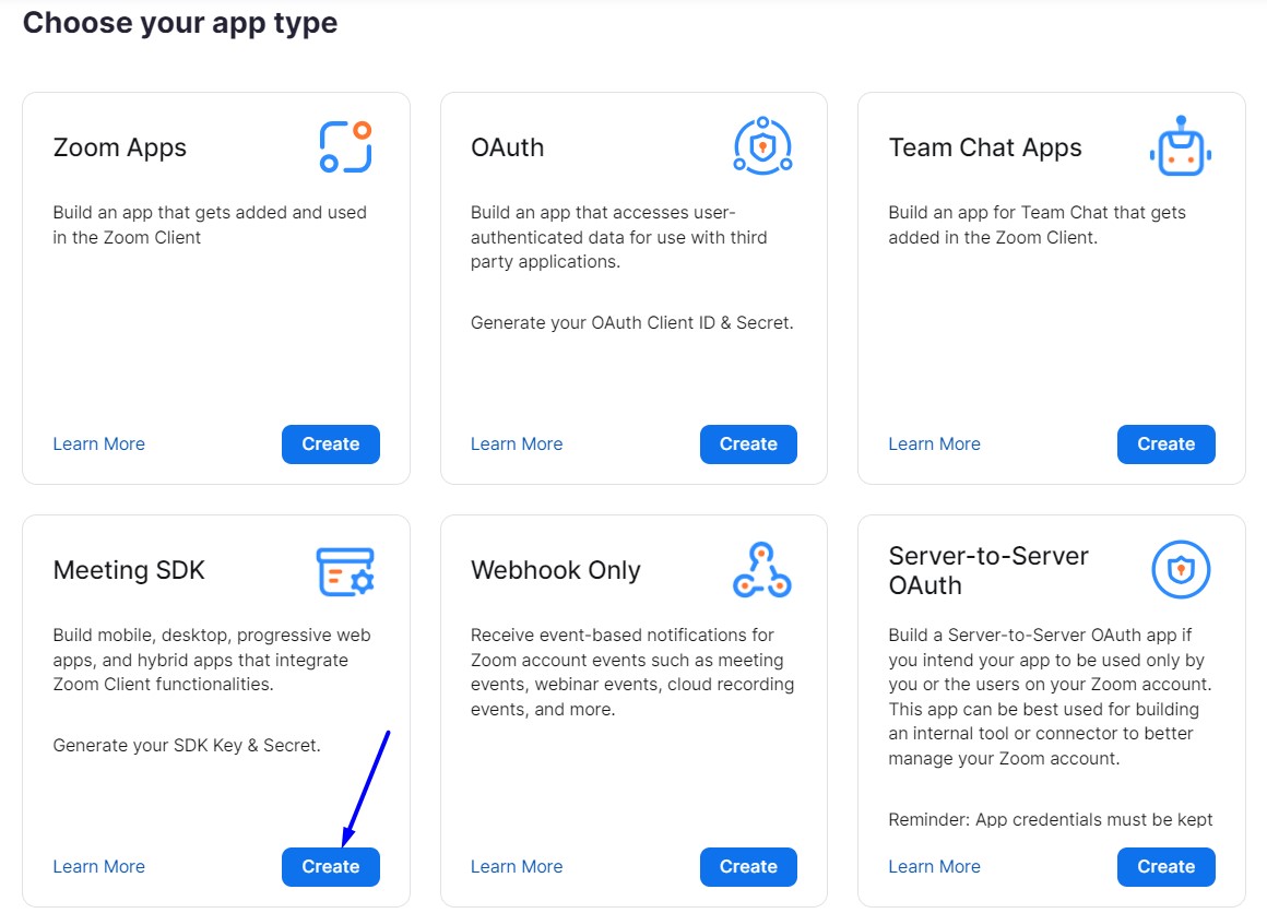 Selecting the Meeting SDK as the app type in Zoom.